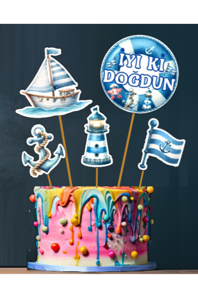 Hiras Dizayn 5 parça Denizci Temalı Deniz Kaptan Doğum Günü Süsü Pasta Kürdan...
