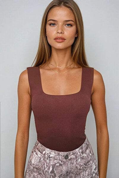 VAGGON Women's Bitter Brown-Beige Square Collar Seasonal Mercerized 2-Piece Knitwear Blouse Prmx13744