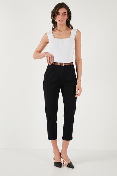 Lela Stretch Cotton Short-Leg Pants with High Waist Belt - Pants 668Yp5335