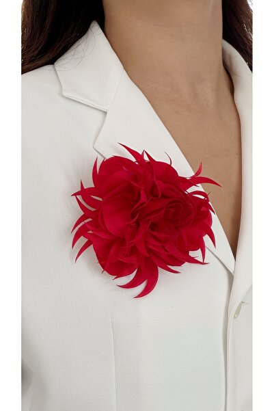 Âlâ Atelier Saçaklı kumaş kırmızı çiçek broş, kumaş gül broş yaka iğnesi