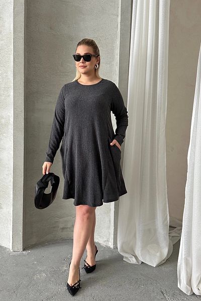 Stil Diva Plus Size Long Sleeve Crew Neck Pocket Ribbed Dress 304008