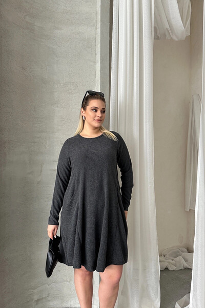 Stil Diva Plus Size Long Sleeve Crew Neck Pocket Ribbed Dress 304008