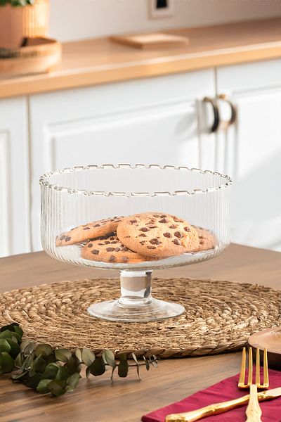 Porsima Rgy027 Lines Footed Glass Cake Dish, Cake / Cake / Dessert Stylish Presentation Stand 19 cm