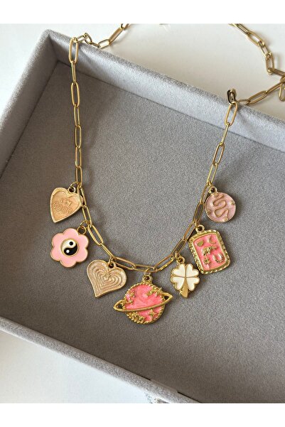 Alis Accessory Çok charmlı kolye çelik zincir