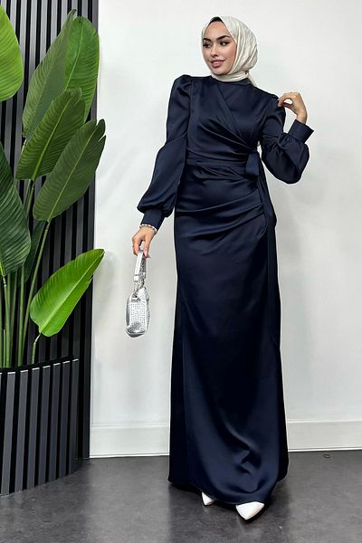 Tesettür Diyarı Satin Hijab Evening Dress with Tie Waist Detail