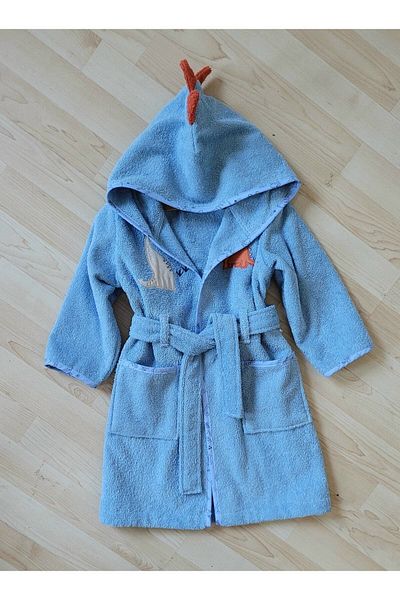 Alpar Tekstil Unisex Girl-Boy Bathrobe - Hooded, Cotton Soft, Blue/Dinosaur