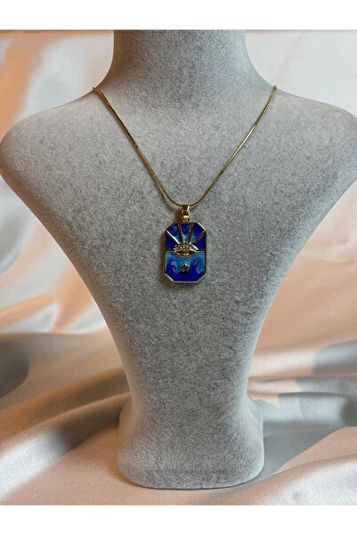 mysteriajewelry Çelik Altın Renk İnce Zincir Mavi Renk Göz Detay Madalyon Kolye
