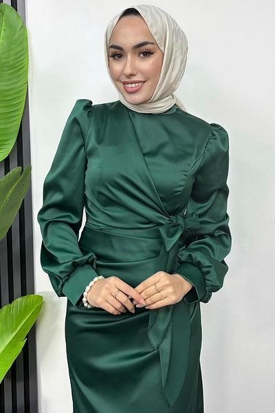 Tesettür Diyarı Satin Hijab Evening Dress with Tie Waist Detail