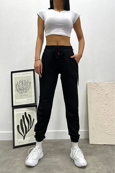 VAN VLECK Μαύρο Unisex ριγέ αθλητικό παντελόνι - ελαστικά πόδια