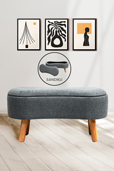 Zem Scala Sandıklı Bohem Ahşap Ayaklı Puf/Bench, Gri