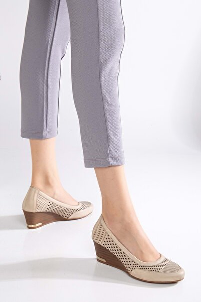 ANALİN SHOES Beige Women's Genuine Leather Laser Heeled Shoes