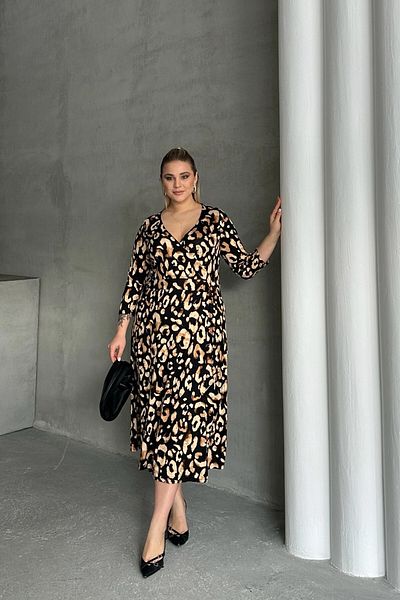 Stil Diva Plus Size Half Sleeve V Neck Belt Detail Leopard Print Dress 100-92