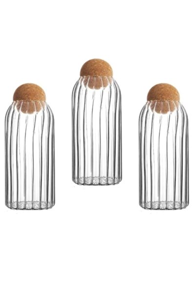 Qerhome 3 Adet Top Mantar Kapaklı Çizgili Cam Kavanoz Ve Baharatlık Seti 1000 Ml