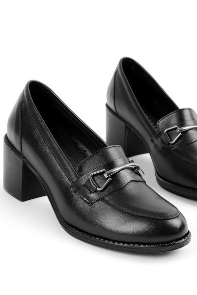 MY DERİ Brandi Women's Genuine Leather Buckle Detailed Thick Heeled Shoes 3658