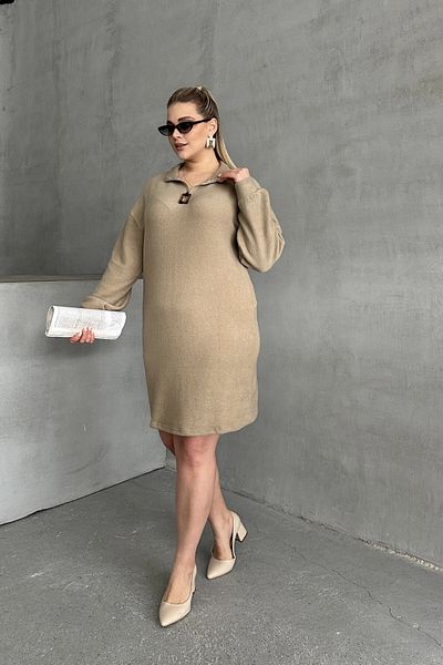 Stil Diva Plus Size Long Sleeve Soft Textured Collar Zip-Up Knitwear Dress 106-37