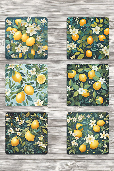 qoeuyl boutique مجموعة من 6 قواعد زجاجية مربعة خشبية مزخرفة بنمط الليمون رقم: 3