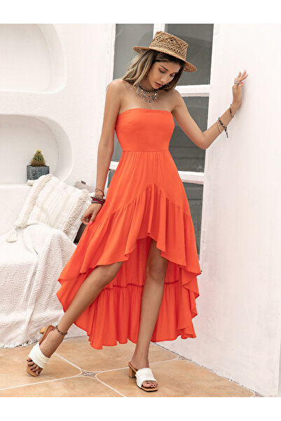 Russty Dustty By Styli Solid Bandeau Neck Ruffle Hem A-Line Midi Dress