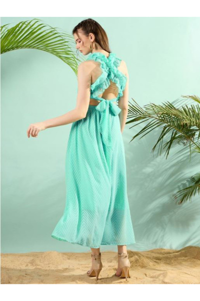 Kassually By Styli Ruffled Back Knot Cut-Out Detail A-Line Maxi Dress