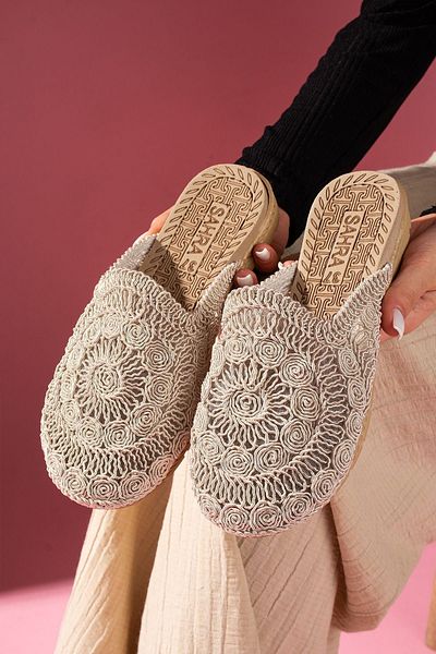 FUGA MODA Eloria Beige Oval Straw Embroidered Closed Front Slippers