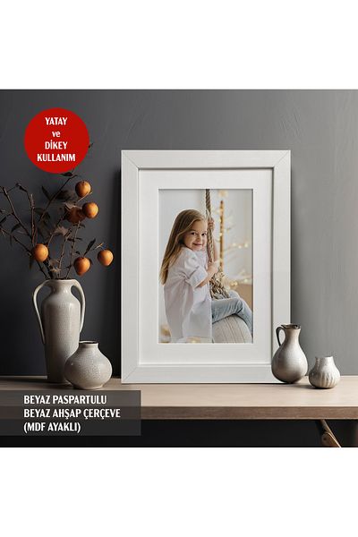 HOMEPACK With Mat, White Wooden Photo Frame, Desktop Frame, Mdf Legs, Paspartuçerçevemasaüstü