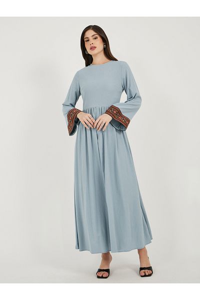 Styli Printed Contrast Panel Long Sleeves A-Line Maxi Dress