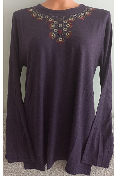 Anne Er giyim kışlık pamuklu penye bluz uzun kollu bisiklet yaka nakışlı mor