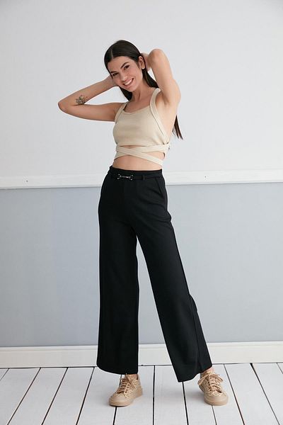 Serica Moda Black Belt Detailed Lycra Recovery Palazzo Trousers