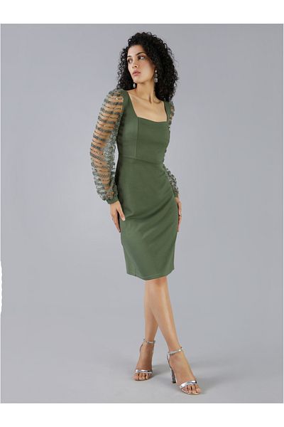 Mish By Styli Square Neck Beaded Sleeves Sheath Knee Length Dress