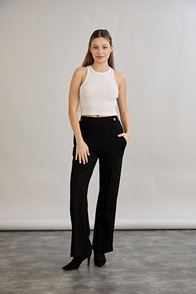 Serica Moda Черен панталон Palazzo от ликра с копчета в тревист цвят