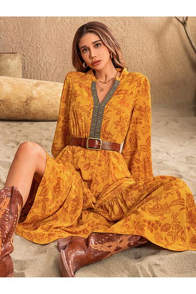 Russty Dustty By Styli Floral Print Cuffed Sleeve A-Line Maxi Dress