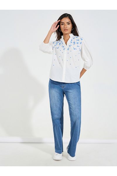 Styli Chambray Embroidered Buttoned Blouse with Balloon Sleeve