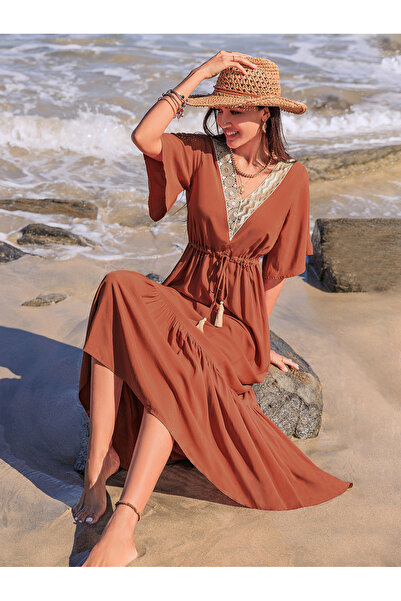 Russty Dustty By Styli Lace Trim V Neck A-Line Maxi Dress with Tie-Up Detail