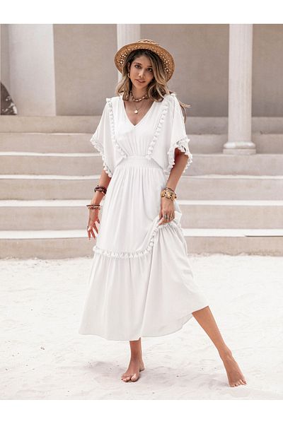 Russty Dustty By Styli Tassel Detail V Neck A-Line Midi Dress