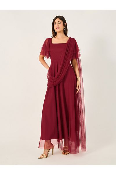 Styli Mesh Insert Square Neck Maxi Dress with Draped Detail