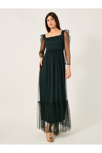 Styli Mesh Insert Square Neck A-Line Maxi Dress