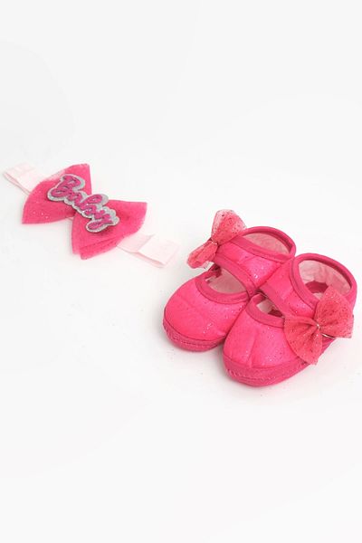 LOGO AKSESUAR 0-3 Months Newborn Glitter Lace Fuchsia Baby Bandana Booties Set