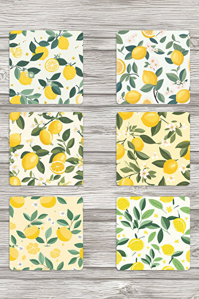 qoeuyl boutique نمط الليمون رقم: 5 مجموعة مطبوعة مكونة من 6 كوستر خشبي مربع م...