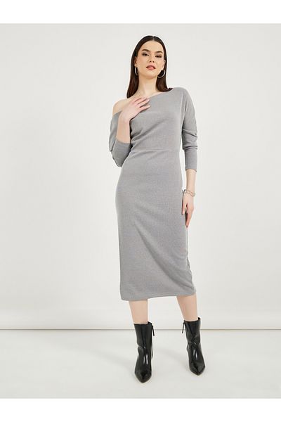 Styli Solid Bodycon Midi Dress with Long Sleeves