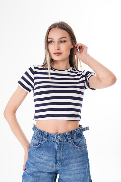 ŞİMAL Γυναικείο μοτίβο γραμμής Crew Neck Crop 250081 -