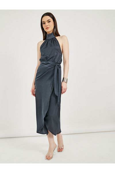 Styli Halter Neck Wrap Midi Dress with Tie Up Detail