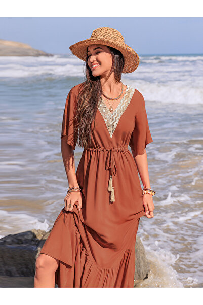 Russty Dustty By Styli Lace Trim V Neck A-Line Maxi Dress with Tie-Up Detail