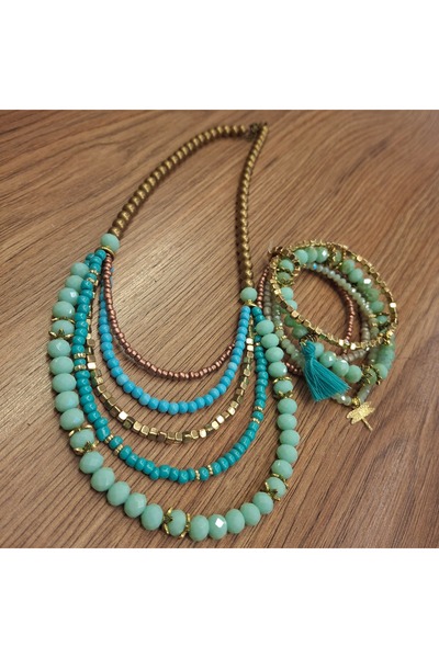 azra takı tasarım Handmade Crystal Short Turquoise, Blue Women's Necklace and Bracelet Set