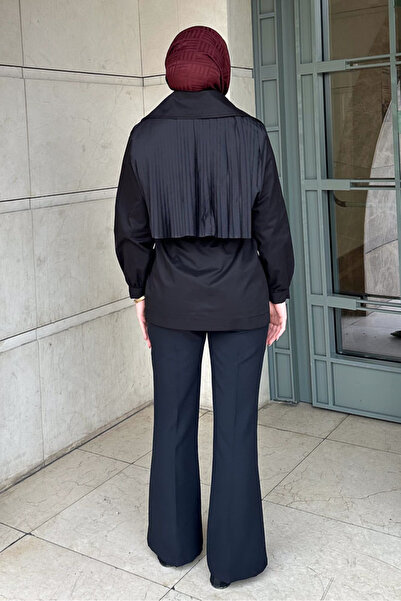 Ovn. Piliseli Rüzgarlıklı Kısa Trençkot - Siyah