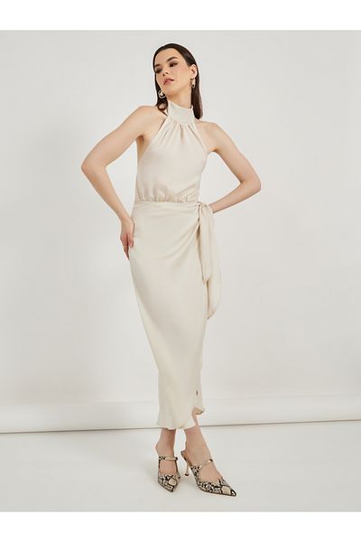 Styli Halter Neck Wrap Midi Dress with Tie Up Detail