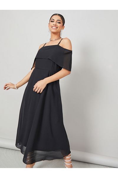 Styli Cold Shoulder Sleeve A-Line Maxi Dress