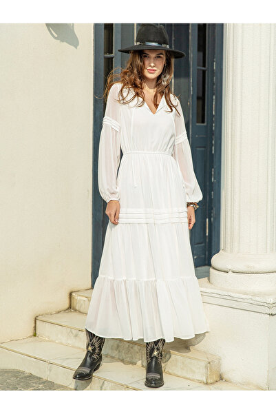 Russty Dustty By Styli Ruffled Hem A-Line Maxi Dress with Tie-Up Neck