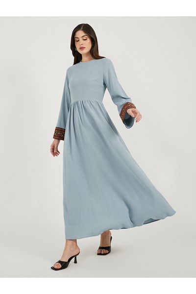 Styli Printed Contrast Panel Long Sleeves A-Line Maxi Dress