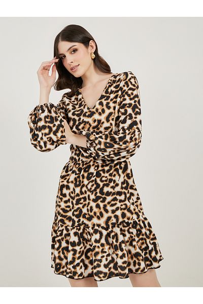 Styli Animal Print V Neck A-Line Mini Dress