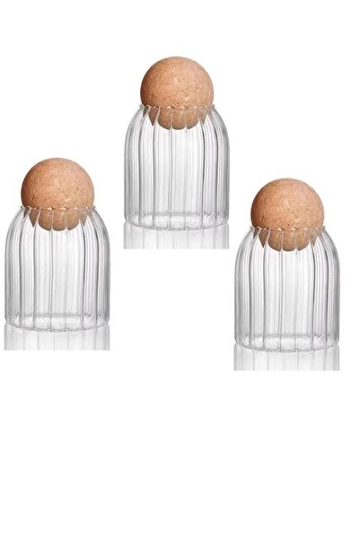 Qerhome 3'lü Mantar Kapaklı Çizgili Cam Kavanoz 500 Ml
