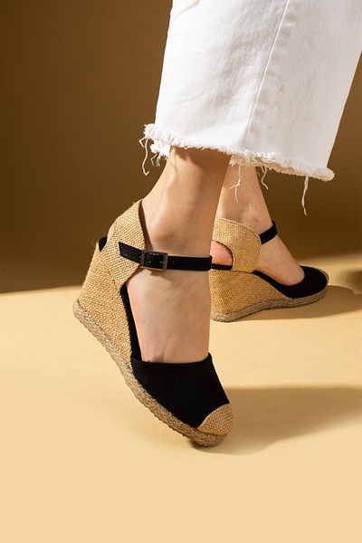 Ege's Shoes New Season Women's Black Suede Comfortable Wedge Sole Stylish Daily Sandals